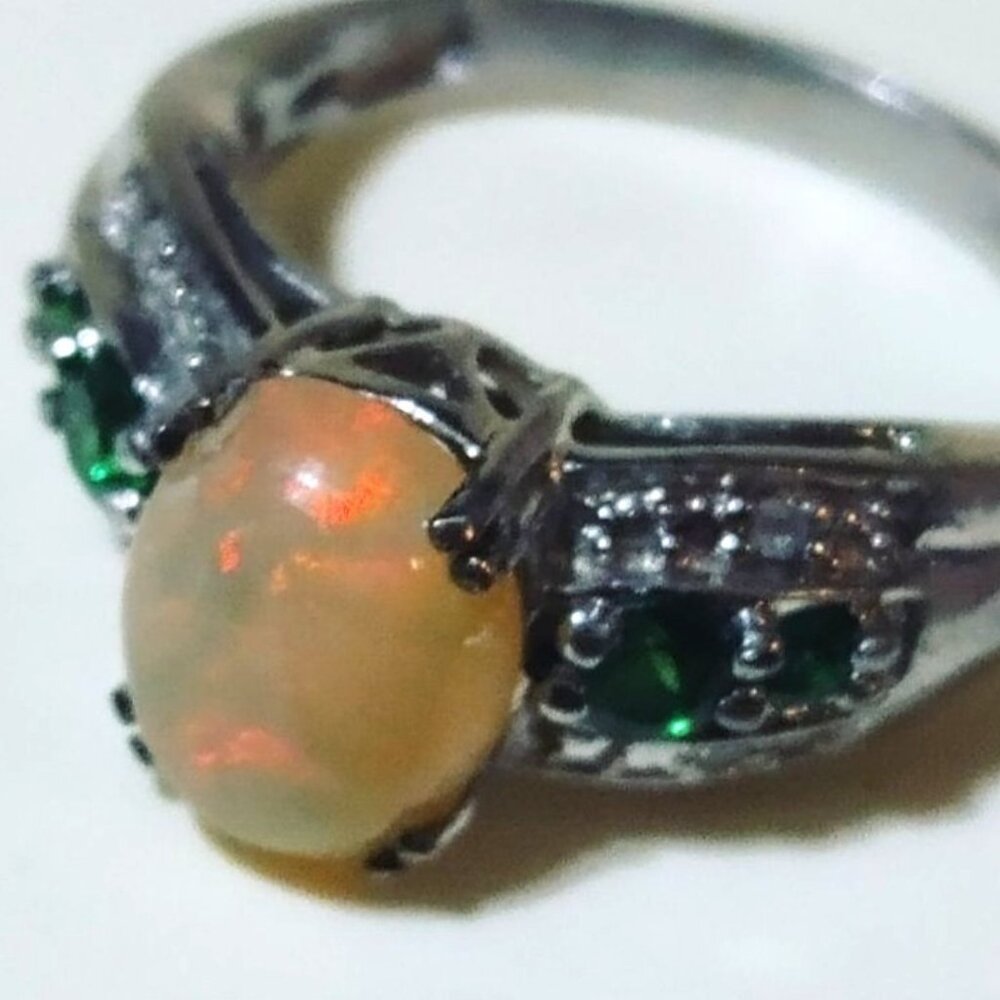 Art Deco Trilogy Ring Size 7 Sterling Silver 925 Ethiopian Opal Fluorescent Gems